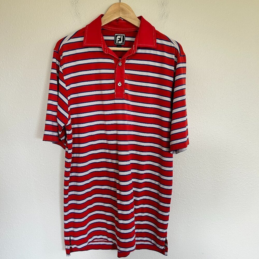 FootJoy Polo Shirt M Red White Blue Stripe Athletic Fit Short Sleeve Golf